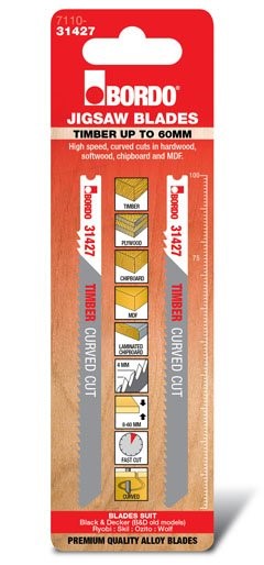 BORDO JIG SAW HCS UNIV. SHNK CURVED CUT 100MM TIMBER 2 PK 